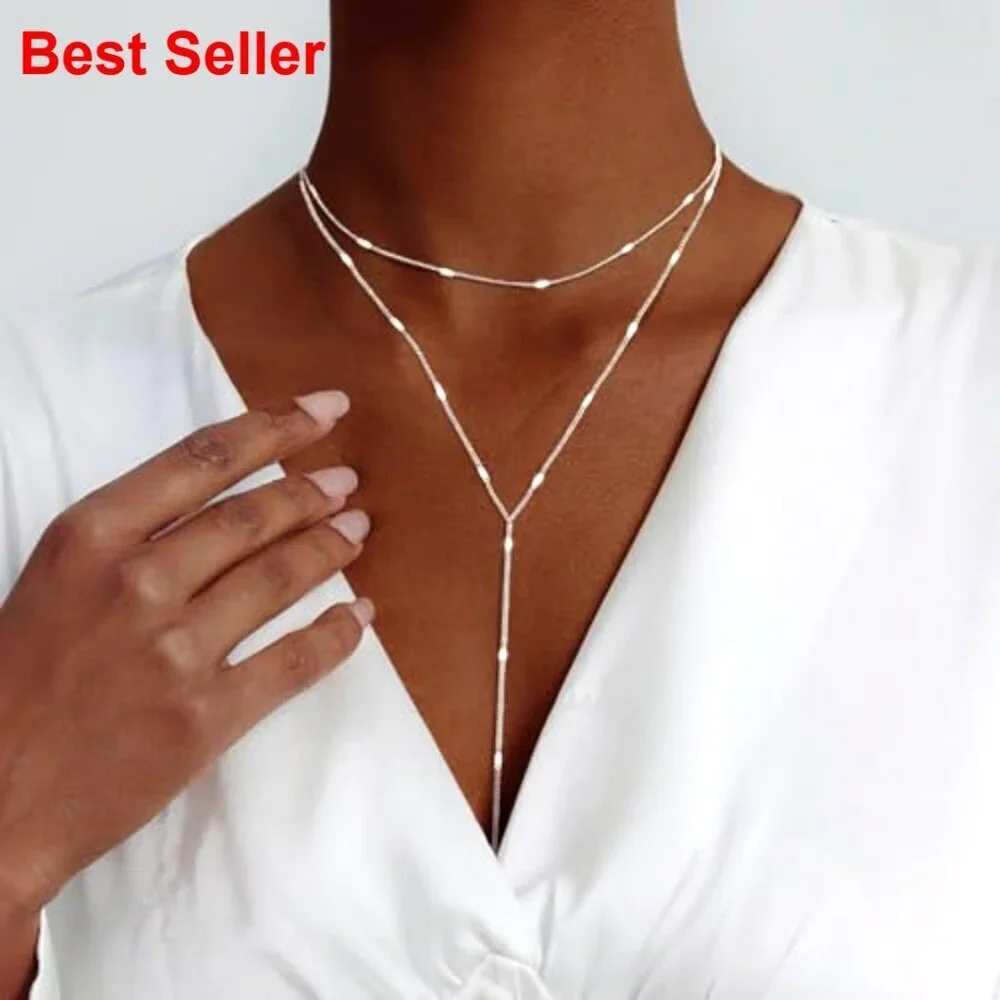 Silver-Layered Lariat Necklace with Y-Shaped Pendant, Adjustable Length